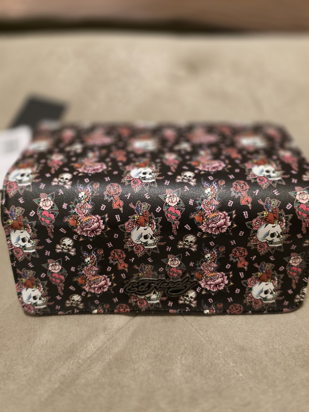 Ed Hardy Black Floral Skull Shoulder Bag with Pink Accents